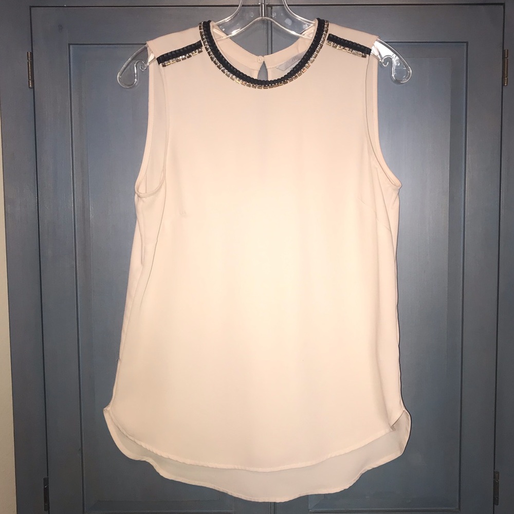 Cream Sleeveless Blouse w/ Leather & Beaded Collar